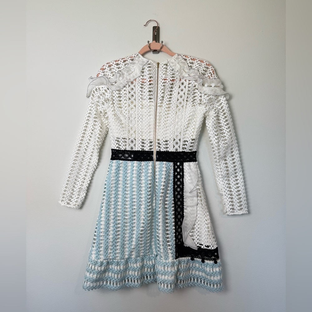 SELF-PORTRAIT White Blue Frill Shoulder Panel Lace Mini Dress US4/UK8 - Picture 6 of 12